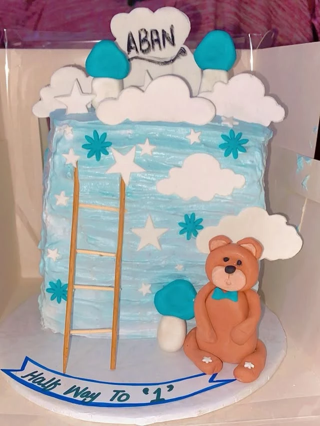 Custom Theme 6 Month Celebration Cake For Baby Aban With Special Design And Teddy Bear Decorations - Custom Baby Cake By Whisk And Sift Karachi