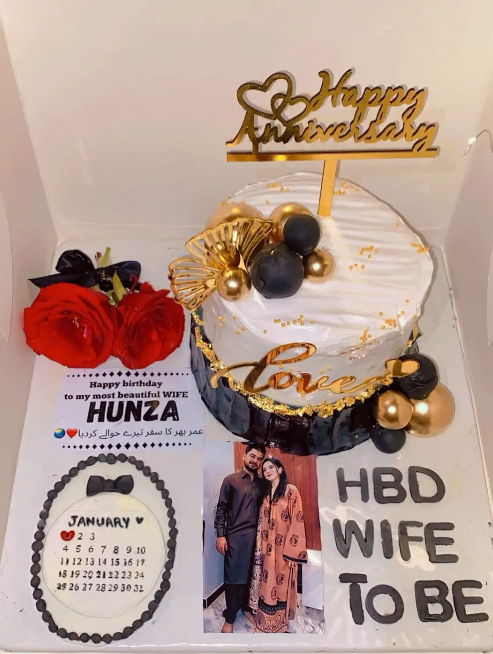 Happy Birthday Wife To Be Cake - Engagement Celebration Cake With Pink Roses And Gold Dots - Karachi Pakistan