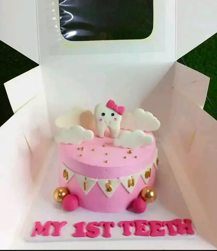 First Teeth Cake For Baby With Cute Tooth Decoration And Milestone Message - Celebrate Baby First Tooth - Viral Baby First Tooth Cake Design
