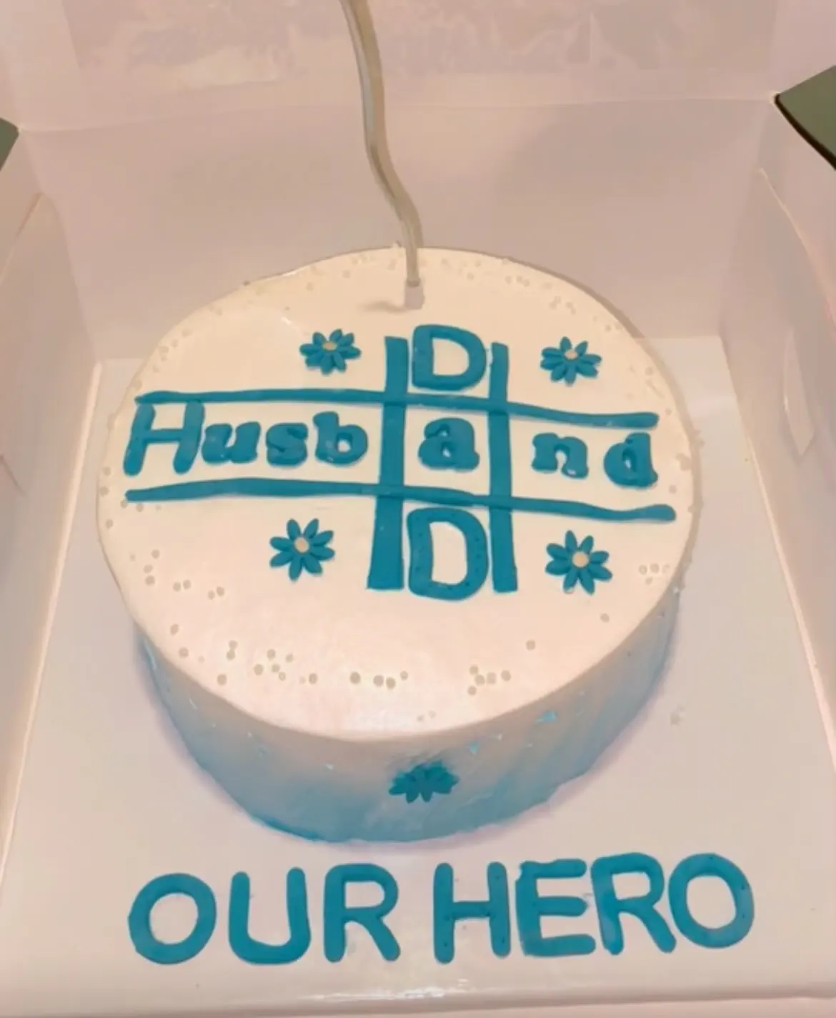 Personalized Husband and Dad birthday cake with blue floral lettering on white frosting Online Cakes In Karachi By Whisk And Sift